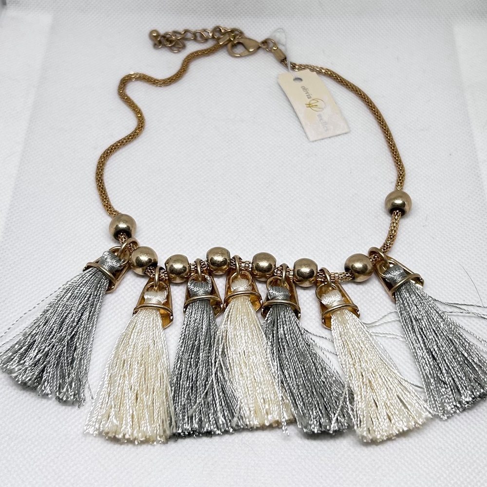 Olivia Welles Worn Gold and Grey  Tassel Statement Necklace